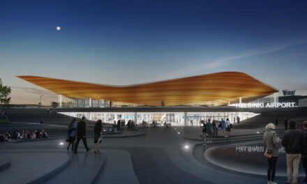 Helsinki-Vantaa airport’s expansive, sloping rooftop installed over terminal 2 at night